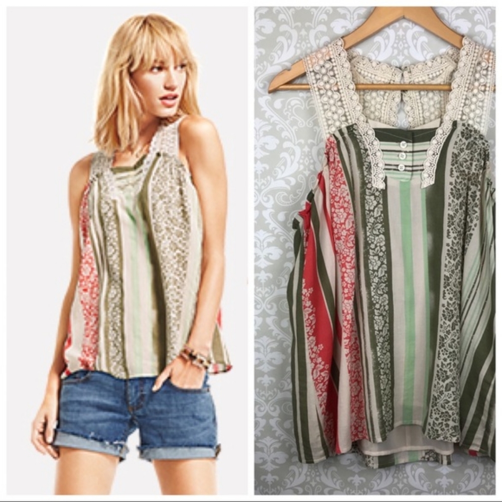 CAbi Whisper Crochet Striped Tank Top Blouse - M